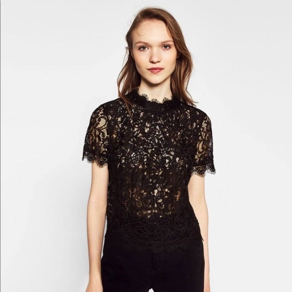 Zara Trafaluc Black Lace Sheer Top Size Medium